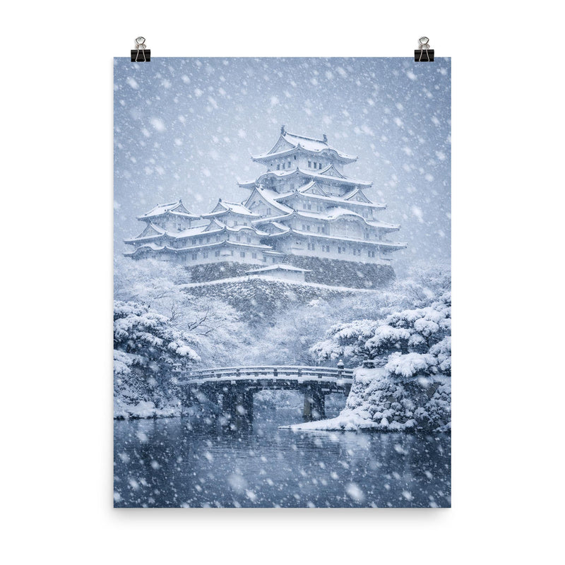 Himeji Castle in blizzard silence poster on a plain backdrop in size 8