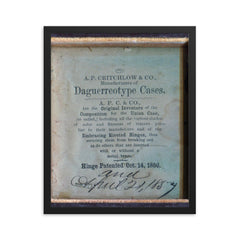 Hinge Patented October 14, 1856 and April 21, 1857 framed print on a plain backdrop in size 16"x20".