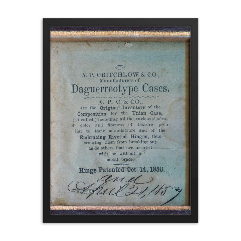 Hinge Patented October 14, 1856 and April 21, 1857 framed print on a plain backdrop in size 18