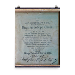 Hinge Patented October 14, 1856 and April 21, 1857 poster on a plain backdrop in size 8"x10".