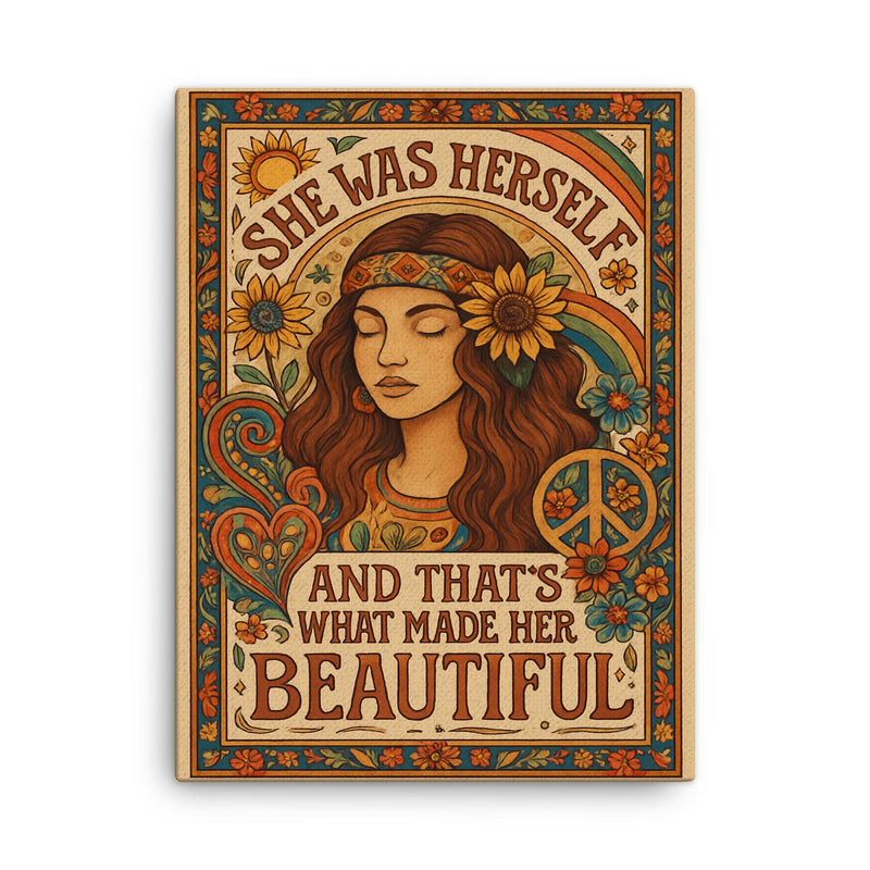 Hippie boho chic design with the words 'She was herself and that's what made her beautiful' canvas print on a plain backdrop in size 18