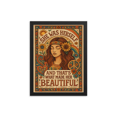 Hippie boho chic design with the words 'She was herself and that's what made her beautiful' framed print on a plain backdrop in size 12"x16".