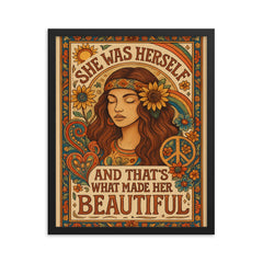 Hippie boho chic design with the words 'She was herself and that's what made her beautiful' framed print on a plain backdrop in size 16"x20".