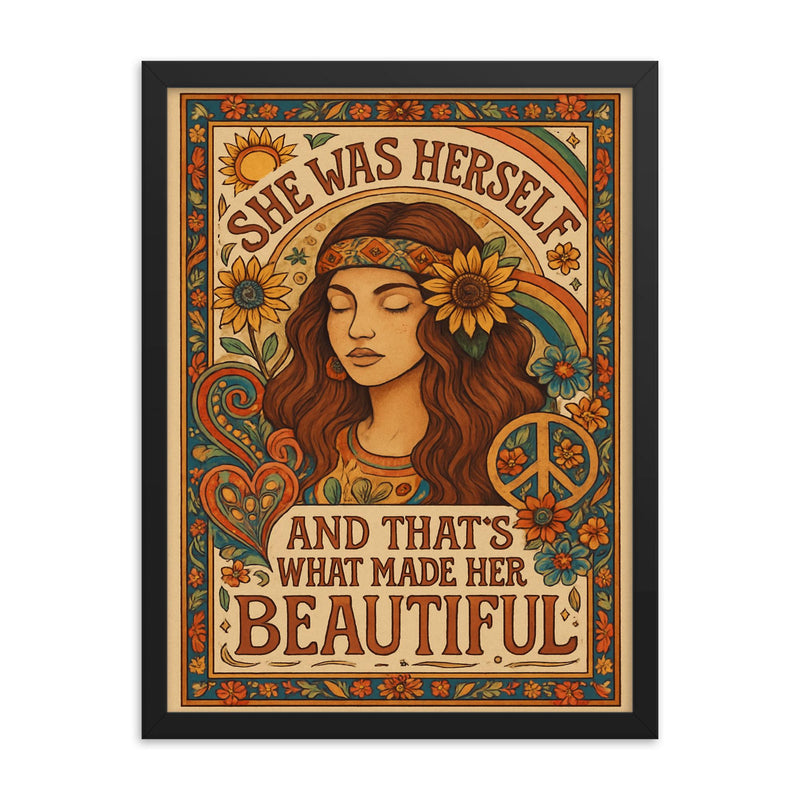 Hippie boho chic design with the words 'She was herself and that's what made her beautiful' framed print on a plain backdrop in size 18