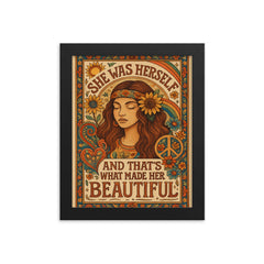 Hippie boho chic design with the words 'She was herself and that's what made her beautiful' framed print on a plain backdrop in size 8"x10".