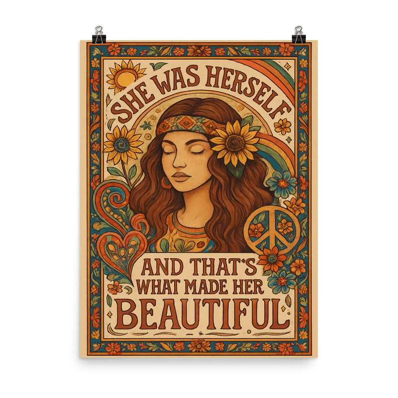 Hippie boho chic design with the words 'She was herself and that's what made her beautiful' poster on a plain backdrop in size 8