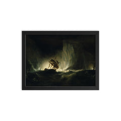 HMS 'Erebus' Passing Through the Chain of Bergs by Richard Brydges Beechey, 1842 framed print on a plain backdrop in size 12"x16".