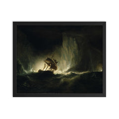 HMS 'Erebus' Passing Through the Chain of Bergs by Richard Brydges Beechey, 1842 framed print on a plain backdrop in size 16"x20".