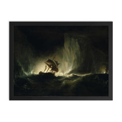 HMS 'Erebus' Passing Through the Chain of Bergs by Richard Brydges Beechey, 1842 framed print on a plain backdrop in size 18"x24".
