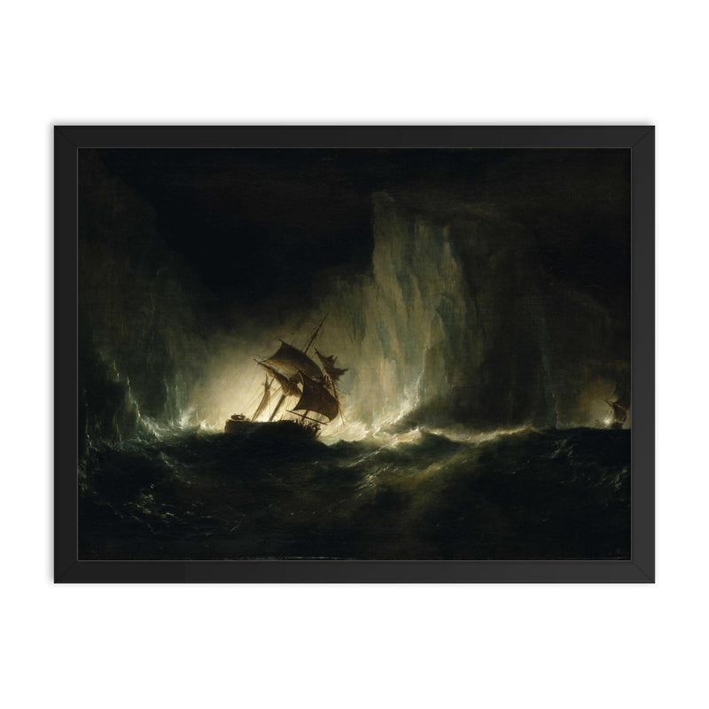HMS 'Erebus' Passing Through the Chain of Bergs by Richard Brydges Beechey, 1842 framed print on a plain backdrop in size 18
