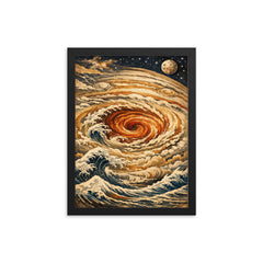Hokusai style Great Red Spot on Jupiter framed print on a plain backdrop in size 12"x16".