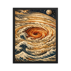 Hokusai style Great Red Spot on Jupiter framed print on a plain backdrop in size 16"x20".