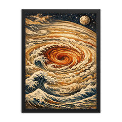 Hokusai style Great Red Spot on Jupiter framed print on a plain backdrop in size 18"x24".