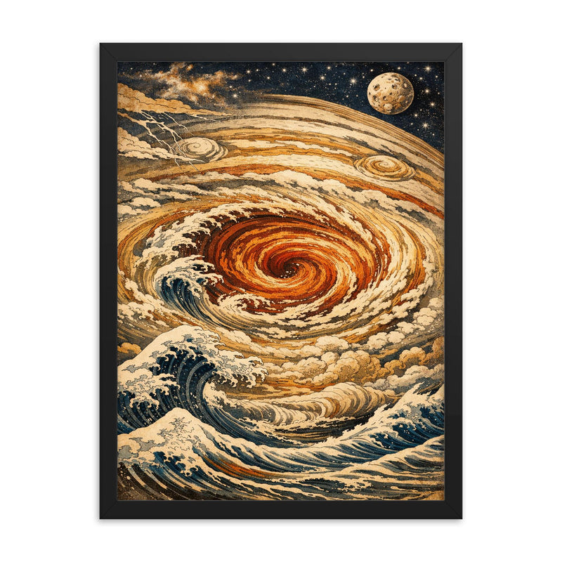 Hokusai style Great Red Spot on Jupiter framed print on a plain backdrop in size 18