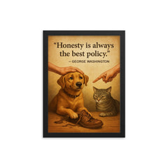Honest dog admits chewing shoes and is forgiven George Washington honesty best policy lying framed print on a plain backdrop in size 12"x16".