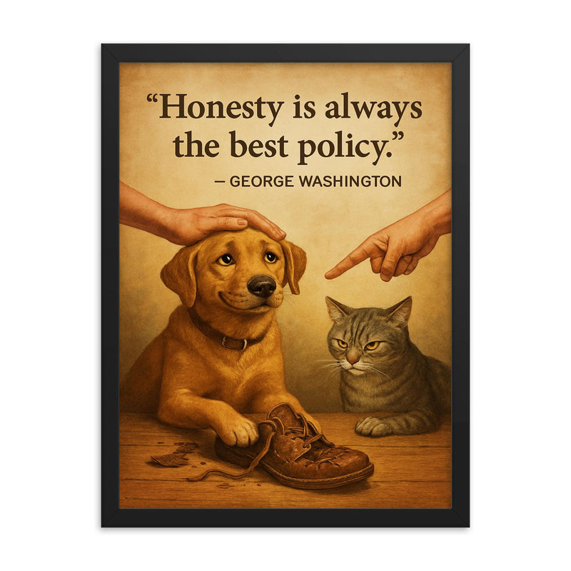 Honest dog admits chewing shoes and is forgiven George Washington honesty best policy lying framed print on a plain backdrop in size 18