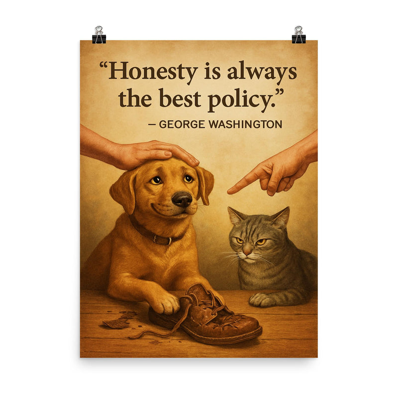 Honest dog admits chewing shoes and is forgiven George Washington honesty best policy lying poster on a plain backdrop in size 8