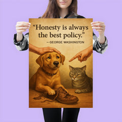 Honest dog admits chewing shoes and is forgiven George Washington honesty best policy lying poster 3