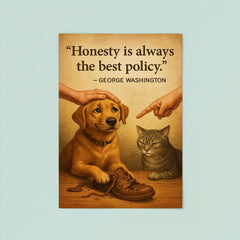 Honest dog admits chewing shoes and is forgiven George Washington honesty best policy lying poster 8