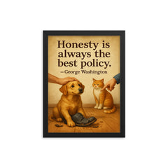 Honesty best policy George Washington dog forgiven for chewing shoes framed print on a plain backdrop in size 12"x16".