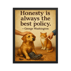 Honesty best policy George Washington dog forgiven for chewing shoes framed print on a plain backdrop in size 16"x20".