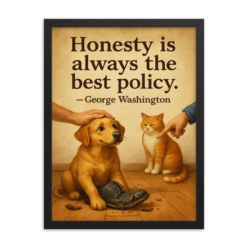 Honesty best policy George Washington dog forgiven for chewing shoes framed print on a plain backdrop in size 18