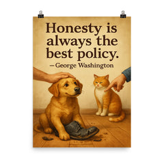Honesty best policy George Washington dog forgiven for chewing shoes poster on a plain backdrop in size 8"x10".
