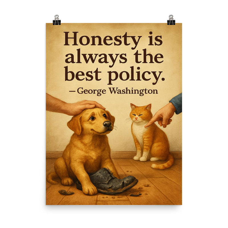 Honesty best policy George Washington dog forgiven for chewing shoes poster on a plain backdrop in size 8