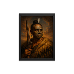 Hongi Hika with moko and musket framed print on a plain backdrop in size 12"x16".