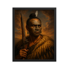Hongi Hika with moko and musket framed print on a plain backdrop in size 16"x20".