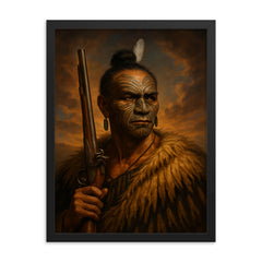 Hongi Hika with moko and musket framed print on a plain backdrop in size 18"x24".