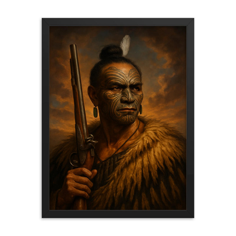 Hongi Hika with moko and musket framed print on a plain backdrop in size 18