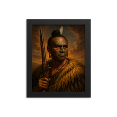 Hongi Hika with moko and musket framed print on a plain backdrop in size 8"x10".