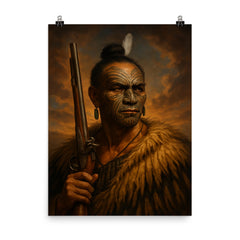 Hongi Hika with moko and musket poster on a plain backdrop in size 8"x10".