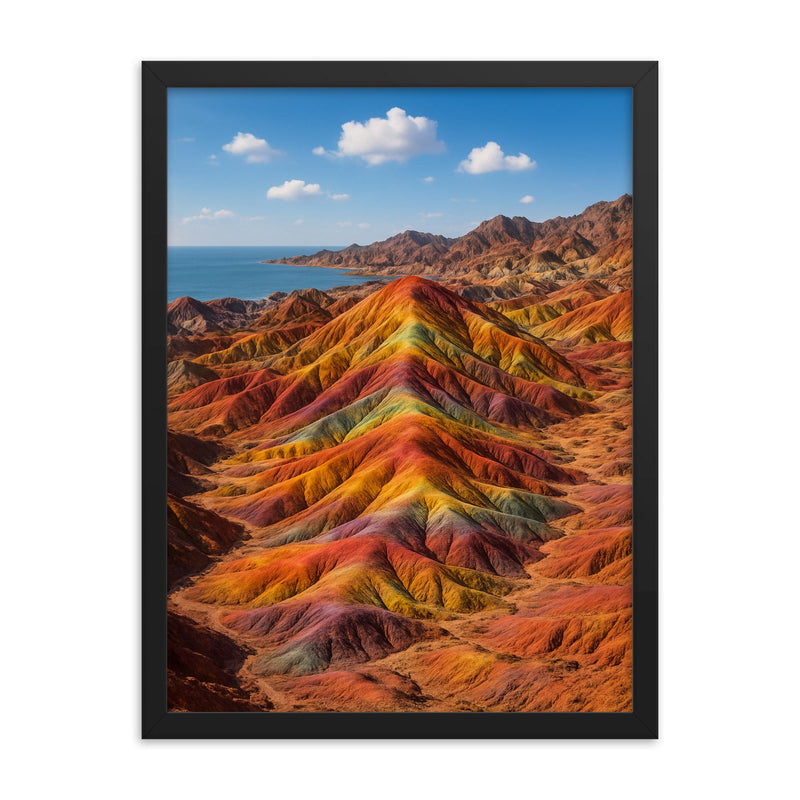 Hormuz Island Rainbow Hills Iran framed print on a plain backdrop in size 18