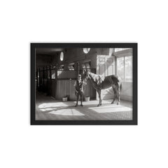 Horse Stable, 1933 - An interior view of the polo horse stables on a Long Island estate, Huntington, New York framed print on a plain backdrop in size 12"x16".