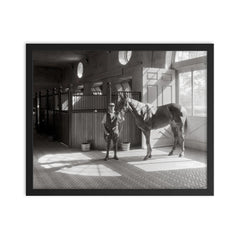 Horse Stable, 1933 - An interior view of the polo horse stables on a Long Island estate, Huntington, New York framed print on a plain backdrop in size 16"x20".