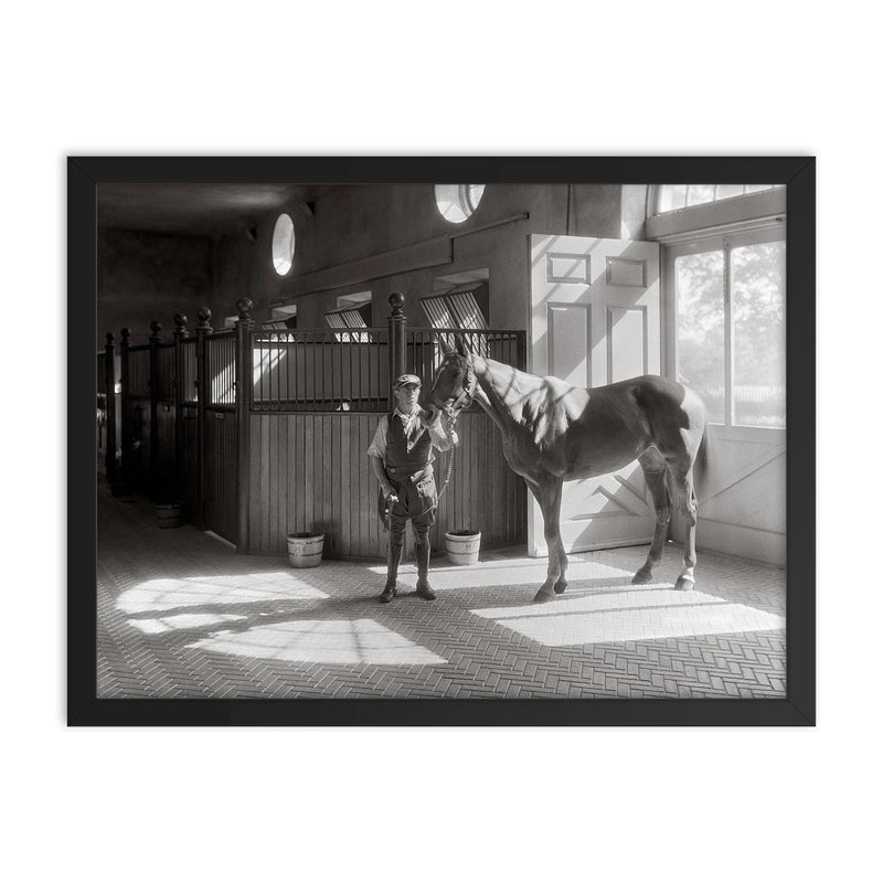 Horse Stable, 1933 - An interior view of the polo horse stables on a Long Island estate, Huntington, New York framed print on a plain backdrop in size 18