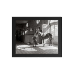 Horse Stable, 1933 - An interior view of the polo horse stables on a Long Island estate, Huntington, New York framed print on a plain backdrop in size 8"x10".