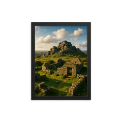 Hound Tor Tors and Ruins Dartmoor England framed print on a plain backdrop in size 12"x16".