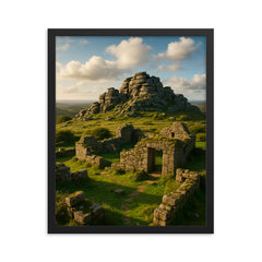 Hound Tor Tors and Ruins Dartmoor England framed print on a plain backdrop in size 16"x20".