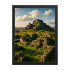 Hound Tor Tors and Ruins Dartmoor England framed print on a plain backdrop in size 18"x24".