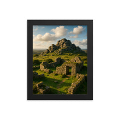 Hound Tor Tors and Ruins Dartmoor England framed print on a plain backdrop in size 8"x10".