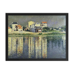 Houses Mirrored in the Seine at Argenteuil by Gustave Caillebotte, 1889 framed print on a plain backdrop in size 18"x24".