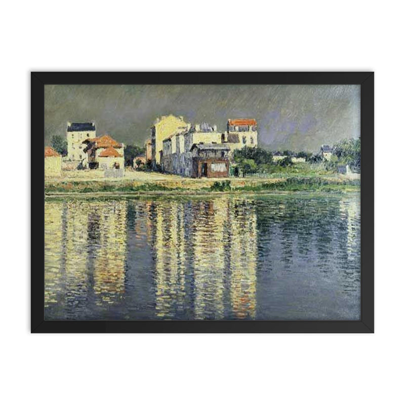 Houses Mirrored in the Seine at Argenteuil by Gustave Caillebotte, 1889 framed print on a plain backdrop in size 18