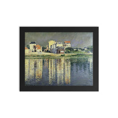 Houses Mirrored in the Seine at Argenteuil by Gustave Caillebotte, 1889 framed print on a plain backdrop in size 8"x10".