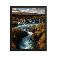 Hraunfossar and Barnafoss Iceland framed print on a plain backdrop in size 16"x20".