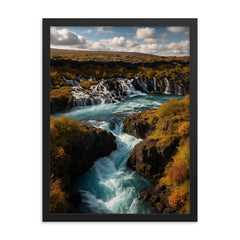 Hraunfossar and Barnafoss Iceland framed print on a plain backdrop in size 18"x24".