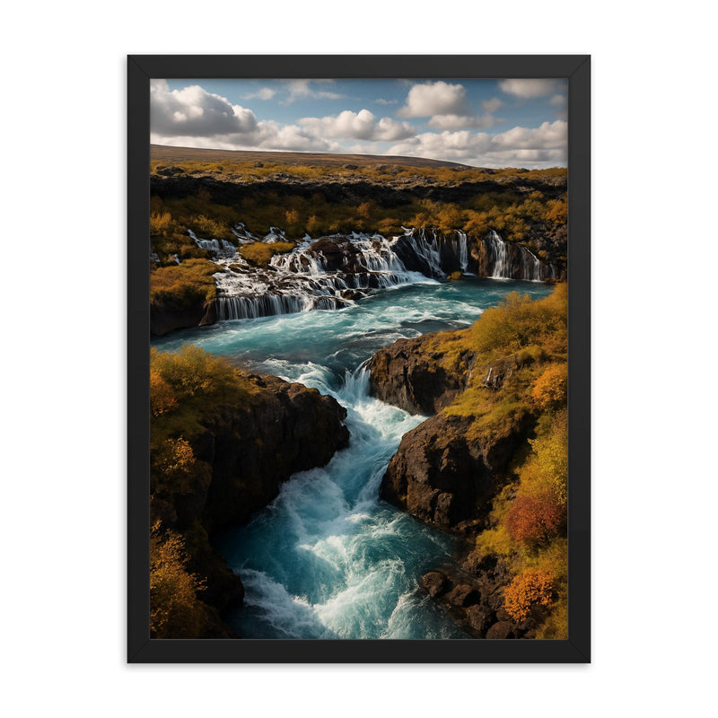 Hraunfossar and Barnafoss Iceland framed print on a plain backdrop in size 18