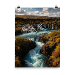 Hraunfossar and Barnafoss Iceland poster on a plain backdrop in size 8"x10".
